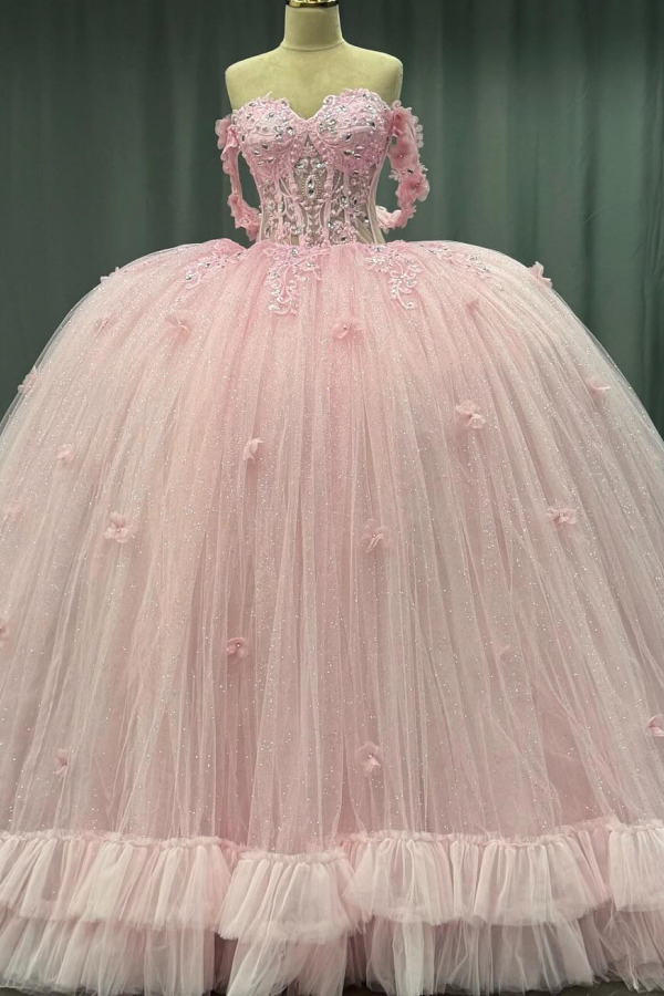 Off-Shoulder Crystal Beaded Ball Gown with 3D Floral Embellishments Perfect for Quinceaneras Sweet 16 & Formal Evenings