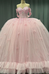 Off-Shoulder Crystal Beaded Ball Gown with 3D Floral Embellishments Perfect for Quinceaneras Sweet 16 & Formal Evenings