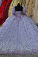 Lilac Ball Gown with Sweetheart Neckline Long Lantern Sleeves and Beaded Sequins Perfect for Quinceanera Birthday Parties & Formal Evenings