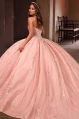 Exquisite Pink Tulle Quinceanera Dress Sweetheart Neckline with Delicate Spaghetti Straps & Floral Lace Appliques