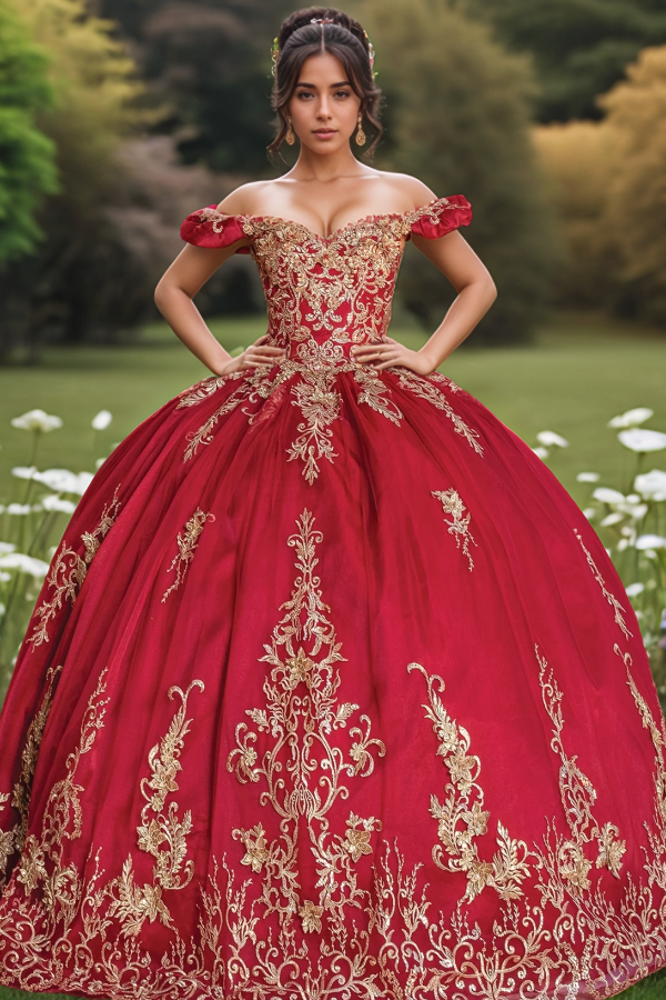Off-Shoulder Gold Flower Appliques Red Tulle Quinceanera Dress Tiered Ball Gown for Sweet 16 & Birthday Parties