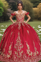 Off-Shoulder Gold Flower Appliques Red Tulle Quinceanera Dress Tiered Ball Gown for Sweet 16 & Birthday Parties