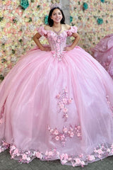 Off-Shoulder Ball Gown with 3D Floral Appliques Pink Tulle Quinceanera Dress for Princess-Themed Sweet 16 & Birthday Parties