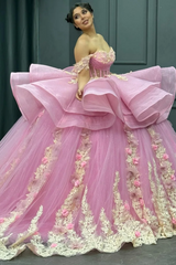 Gold Beaded Off-Shoulder Ball Gown with Detachable Ruffles & 3D Floral Appliques Sparkling Pink Tulle Quinceanera & Formal Party Dress