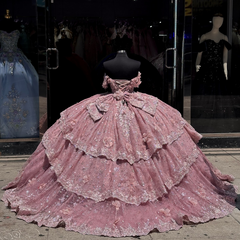 Off-Shoulder Ball Gown with Beaded Appliques 3D Floral Ruffles and Sparkly Pink Tulle for Quinceanera & Sweet 16 Celebrations