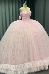 Off-Shoulder Crystal Beaded Ball Gown with 3D Floral Embellishments Perfect for Quinceaneras Sweet 16 & Formal Evenings