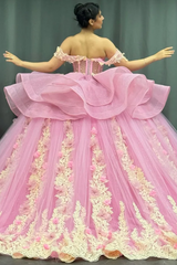 Gold Beaded Off-Shoulder Ball Gown with Detachable Ruffles & 3D Floral Appliques Sparkling Pink Tulle Quinceanera & Formal Party Dress