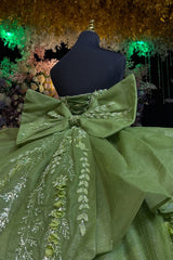 Sage Green Quinceanera Dress Strapless Beaded Tulle Ball Gown with Shawl & Bow for Sweet 16 & Formal Events