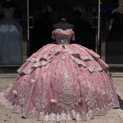 Off-Shoulder Ball Gown with Beaded Appliques 3D Floral Ruffles and Sparkly Pink Tulle for Quinceanera & Sweet 16 Celebrations