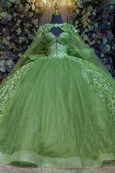 Sage Green Quinceanera Dress Strapless Beaded Tulle Ball Gown with Shawl & Bow for Sweet 16 & Formal Events