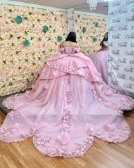 Off-Shoulder Ball Gown with 3D Floral Appliques Pink Tulle Quinceanera Dress for Princess-Themed Sweet 16 & Birthday Parties