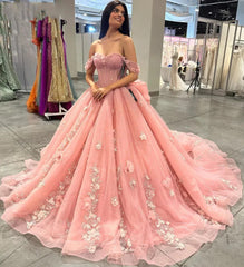 Exquisite Off-Shoulder Ball Gown with 3D Floral Lace Appliques Pink Tulle Quinceanera & Sweet 16 Dress