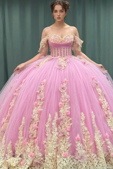 Gold Beaded Off-Shoulder Ball Gown with Detachable Ruffles & 3D Floral Appliques Sparkling Pink Tulle Quinceanera & Formal Party Dress