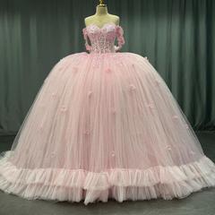 Off-Shoulder Crystal Beaded Ball Gown with 3D Floral Embellishments Perfect for Quinceaneras Sweet 16 & Formal Evenings