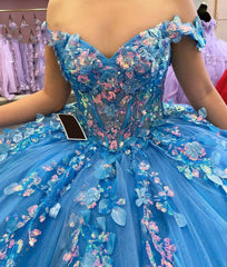 Lake Blue Ball Gown Off-Shoulder 3D Floral Lace Applique & Beaded Tulle Quinceanera Dress for Sweet 16 & Princess Parties