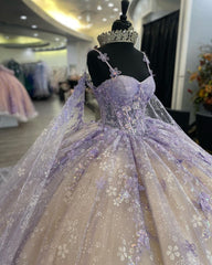 Lavender Champagne Ball Gown Sweetheart Neckline with Floral Lace Appliques & Tulle Skirt for Quinceanera Prom or Sweet 16