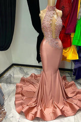 Newinlook Elegant High-Neck Sleeveless Appliques Mermaid Evening Dress