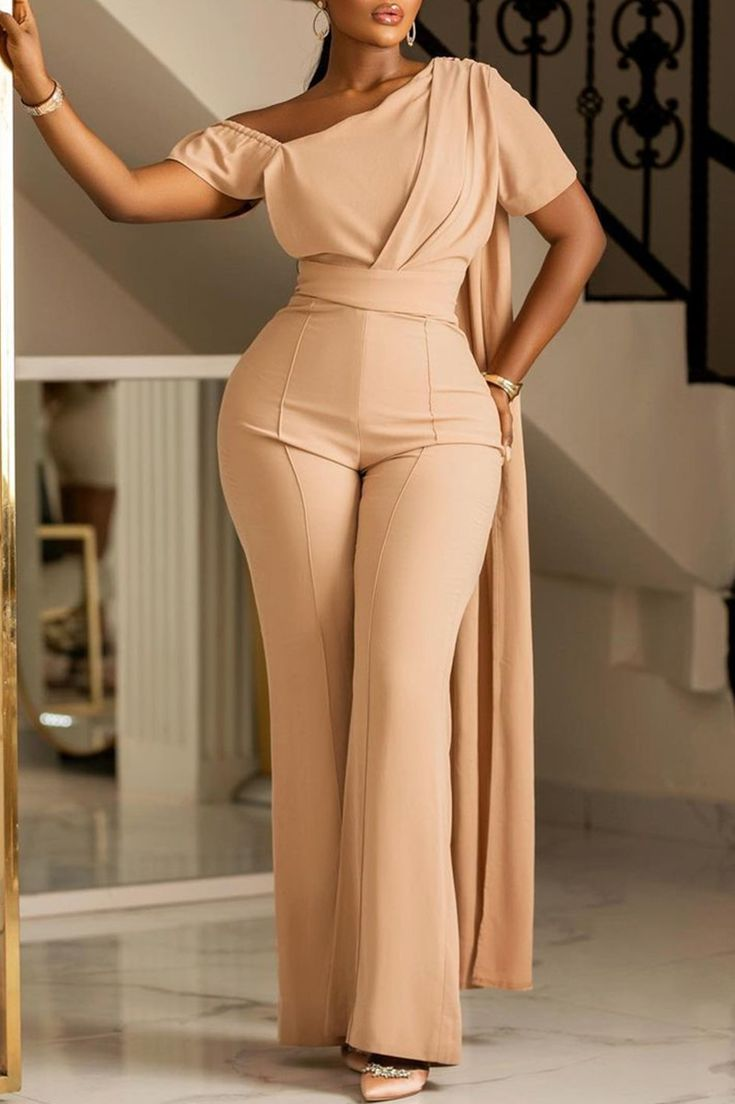 Newinlook Elegant Chic Wrap Shoulder High Waist Jump Suit With Cape