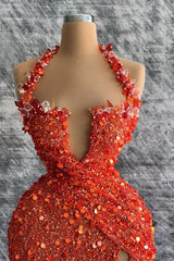Newinlook Red Halter Deep V-Neck Sequins Evening Dress Mermaid With Rhinestone Slit