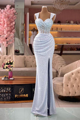 Newinlook Classic Mermaid Sequins Sweetheart Split Straps Evening Dress With Pleated