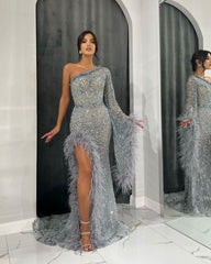 Heavy Formal Dress Feather One Shoulder Long Sleeve With Beading
