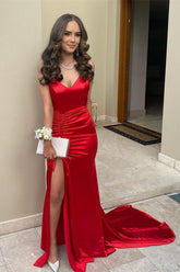 Newinlook Spaghetti-Straps Red Evening Dress With Slit