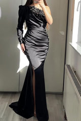 Newinlook Long Sleeve One Shoulder Mermaid Split Evening Dress With Beadings