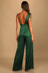 Newinlook Retro Emerald Green Satin Asymmetrical Wide-Leg Jump Suit