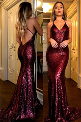 Newinlook Backless Sequins Burgundy Evening Dress