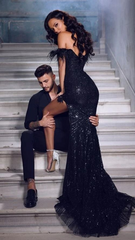 Shiny Off the Shoulder High Split Formal Dress Sequins With Feathers