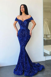 Newinlook Royal Blue Off-The-Shoulder Sweetheart Evening Dress Mermaid With Sequins