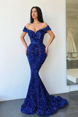 Newinlook Royal Blue Off-The-Shoulder Sweetheart Evening Dress Mermaid With Sequins