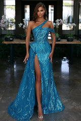 Newinlook Ocean Blue Off-the-Shoulder Slit Evening Dress With Gorgeous Sequins