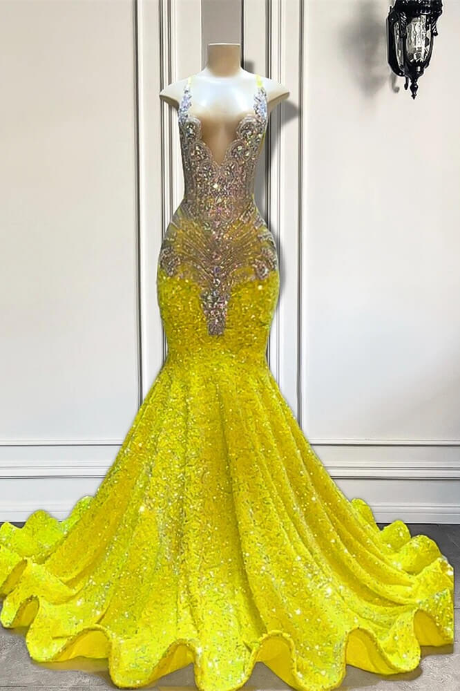 Glamorous Yellow V-Neck Sleeveless Mermaid Long Prom Party Dresses Featuring Beads and Sequins