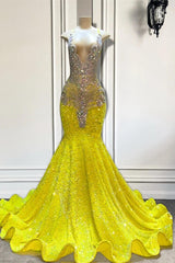 Glamorous Yellow V-Neck Sleeveless Mermaid Long Prom Party Dresses Featuring Beads and Sequins