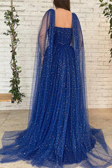 Newinlook Royal Blue Long Tulle Evening Dress Beads With Ruffles