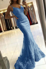 Newinlook Spaghetti-Straps Mermaid Sky Blue Evening Dress