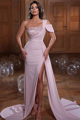 Newinlook One Shoulder Glamorous Mermaid Sequins Evening Dress With Slit Ruffles
