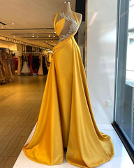 Newinlook Luxury Golden Halter Mermaid Appliques Evening Dress With Ruffle