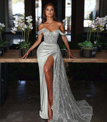 Newinlook Light Blue Long Slit Mermaid Off-The-Shoulder Evening Dress With Sequins Ruffles