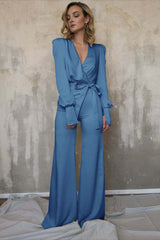 Newinlook Charming Long Sleeves White V-Neck Long Jump Suit With Belt