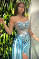 Newinlook Blue Strapless Appliques Evening Dress Mermaid Sweetheart Beads With Ruffles Slit