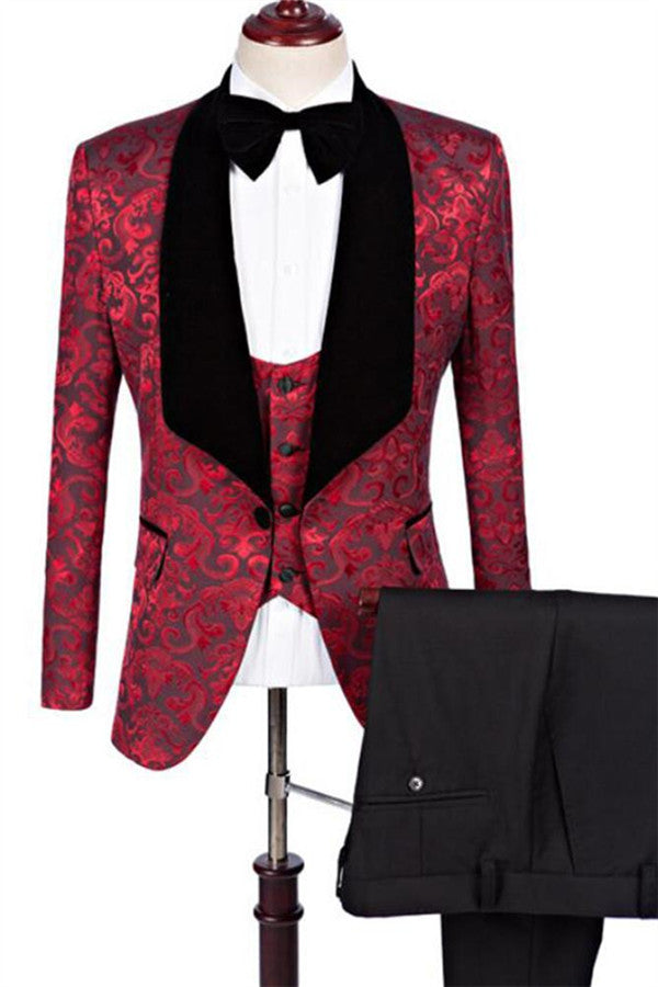 Newinlook Ruby Flower Jacquard Prom Business Suit - Slim Fit Pattern Formal Suits, Three Pieces