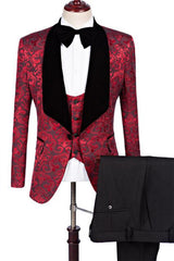 Newinlook Ruby Flower Jacquard Prom Business Suit - Slim Fit Pattern Formal Suits, Three Pieces