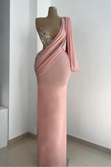 One Shoulder Long Sleeve Mermaid Long Formal Dress With Appliques