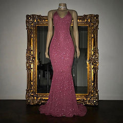 Newinlook V-Neck Mermaid Elegant Halter Evening Dress With Sequins