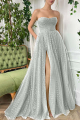 Tulle Sleeveless Strapless Long Split Formal Dress With Pleated