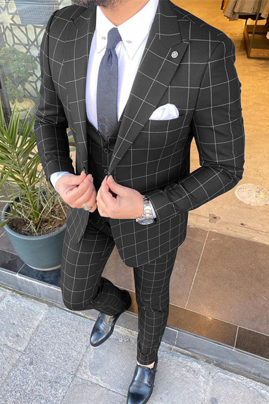 Newinlook New Black Three-Piece Suit with Peaked Lapel and Plaid for Men