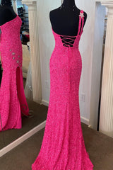 Sparkle Black Sequins One Shoulder Sleeveless Mermaid Formal Dress With Split