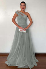 One Shoulder Sweetheart Sleeveless Long Formal Dress With Pleated